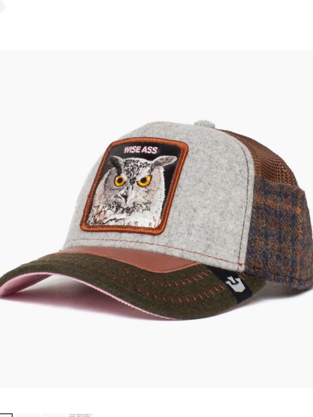 GORRIN BROS TRUCKER HAT ‘WISE ASS’ CUM LAUDE OWL PATCH FELT & FLNNEL NWT